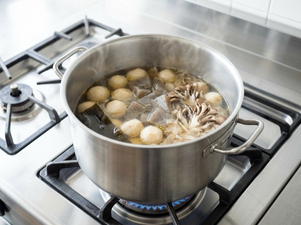 里芋とこんにゃくを昆布の水で煮る