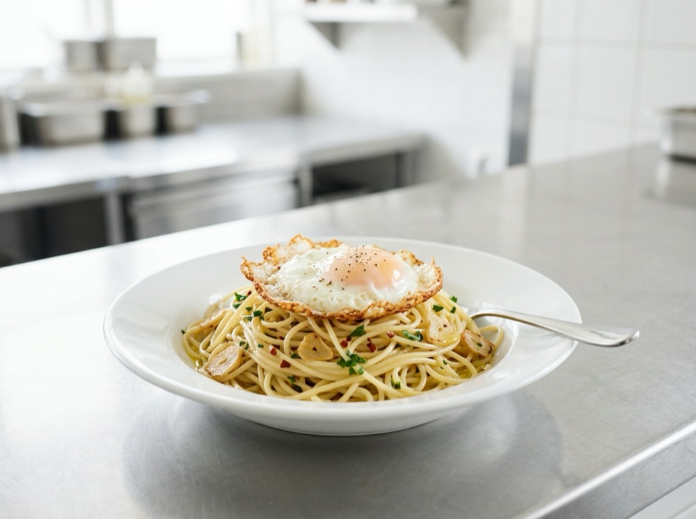 目玉焼きのせパスタ(貧乏人のパスタ)