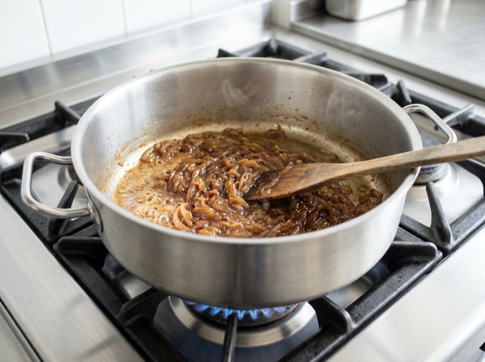 鍋肌の焼き色を玉ねぎに戻しながら炒める