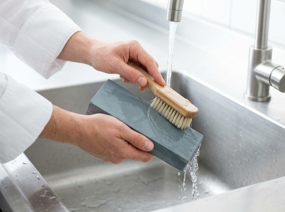 研ぎ汁を水と刷毛で流す。洗剤は使わない